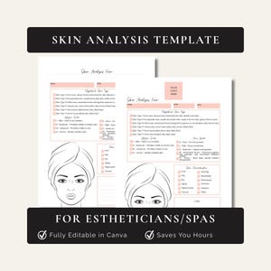 Puede incluir: Plantilla de análisis de piel, con un diseño rosa y blanco. El texto "SKIN ANALYSIS TEMPLATE" está en la parte superior. El banner inferior dice "FOR ESTHETICIANS/SPAS". Incluye un dibujo lineal de un rostro con una toalla.