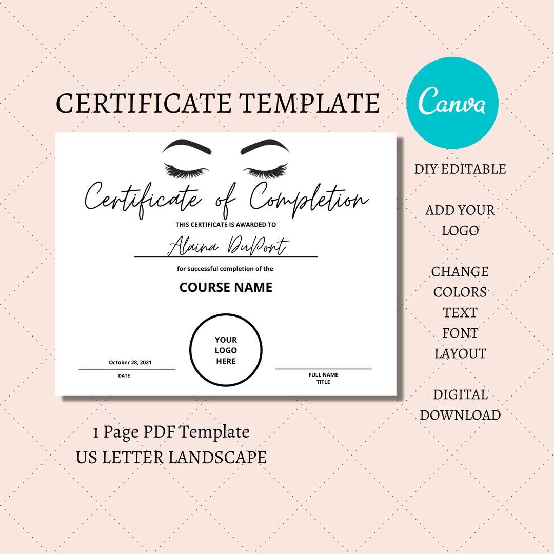 DIY Editable Certificate of Completion, Lash Extension and Brow Course Certificate Template ...