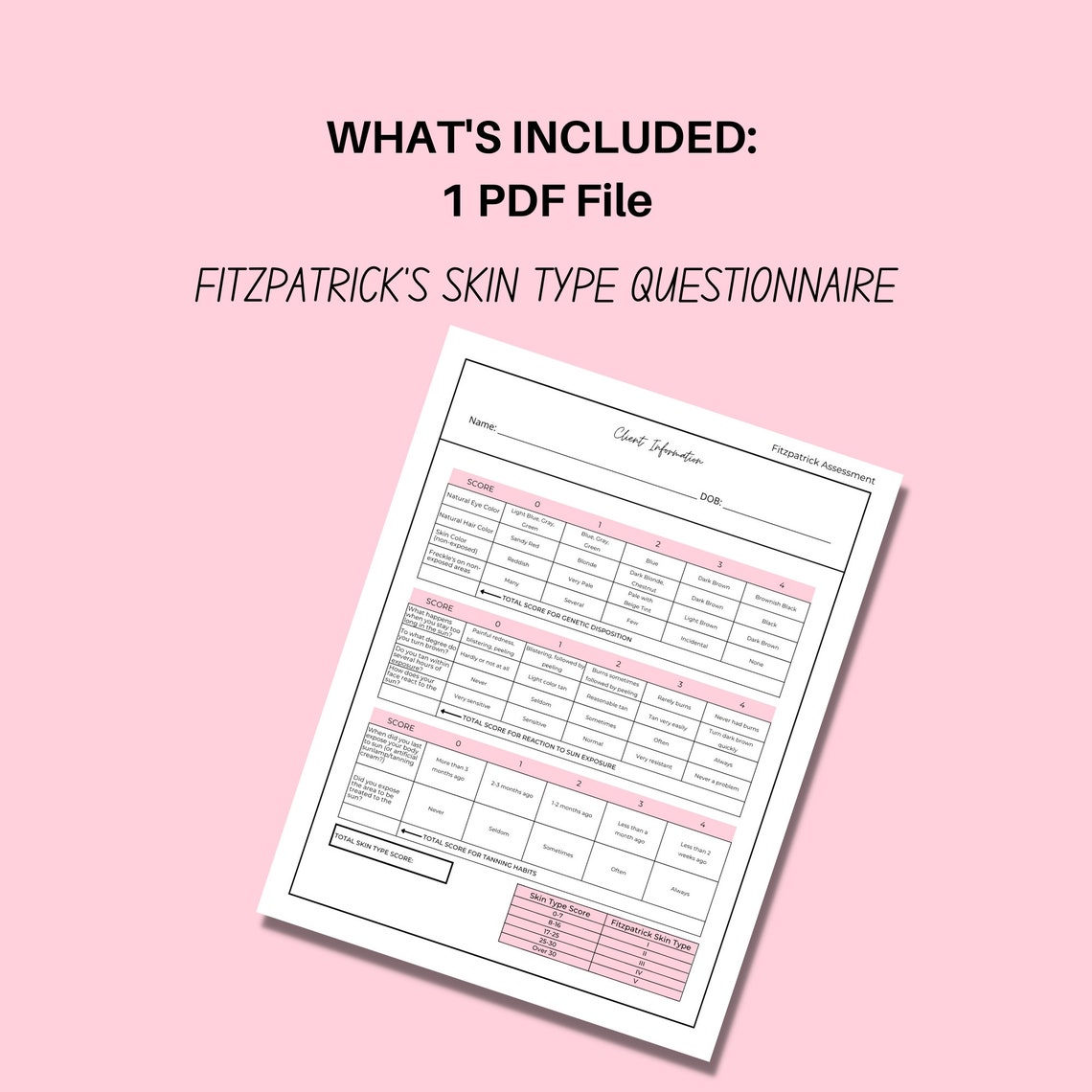 Fitzpatrick's Skin Type Questionnaire Form Printable PDF Etsy