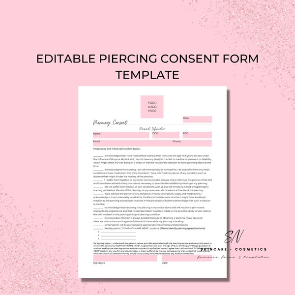 Body Piercing Consent Form, DIY Editable Canva Template, 1 Page Printable, Body Modification, Ear Piercing, Nose Piercing, Piercing Studio