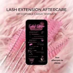 Nazorgkaart wimperverlenging, flyer voor wimperverlenging, instant download, nazorg voor roze wimper, bewerkbare sjabloon voor wimperverlenging, instant download