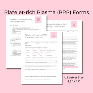 Formularze PRP osocza bogatopłytkowego, formularz przyjęcia, formularz zgody, opieka pooperacyjna, formularze leczenia PRP, edytowalny szablon Canva do wydruku DIY, estetyka