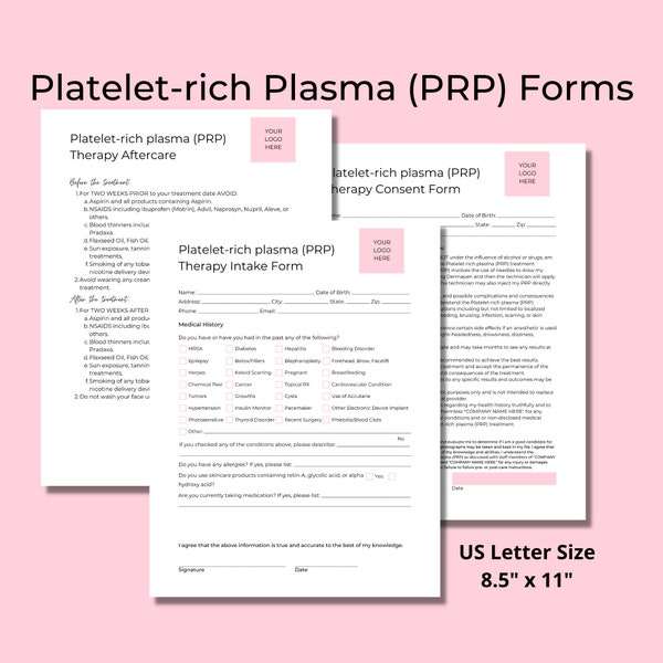 Platelet-rich Plasma PRP Forms, Intake Form, Consent Form, Aftercare, PRP Treatment Forms, DIY Editable Printable Canva Template, Aesthetics