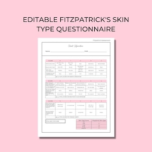 Könnte beinhalten: Editierbarer Fragebogen zum Fitzpatrick-Hauttyp, ein druckbares Formular mit Abschnitten für Kundeninformationen, natürliche Augenfarbe, Sommersprossenfarbe und Hautreaktion auf Sonneneinstrahlung. Das Formular enthält ein Bewertungssystem zur Bestimmung des Fitzpatrick-Hauttyps.