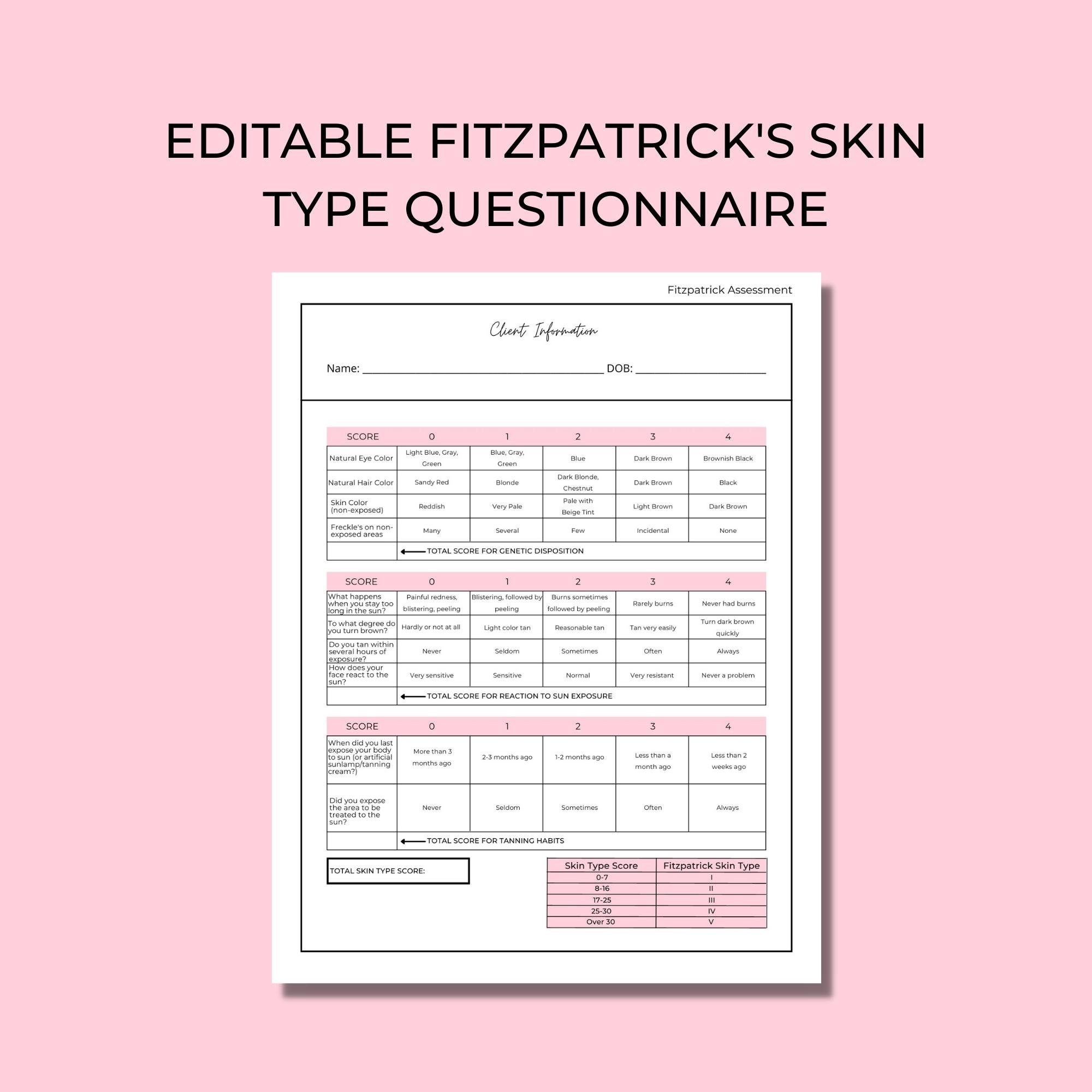 Fitzpatrick's Skin Type Questionnaire Form Editable Etsy