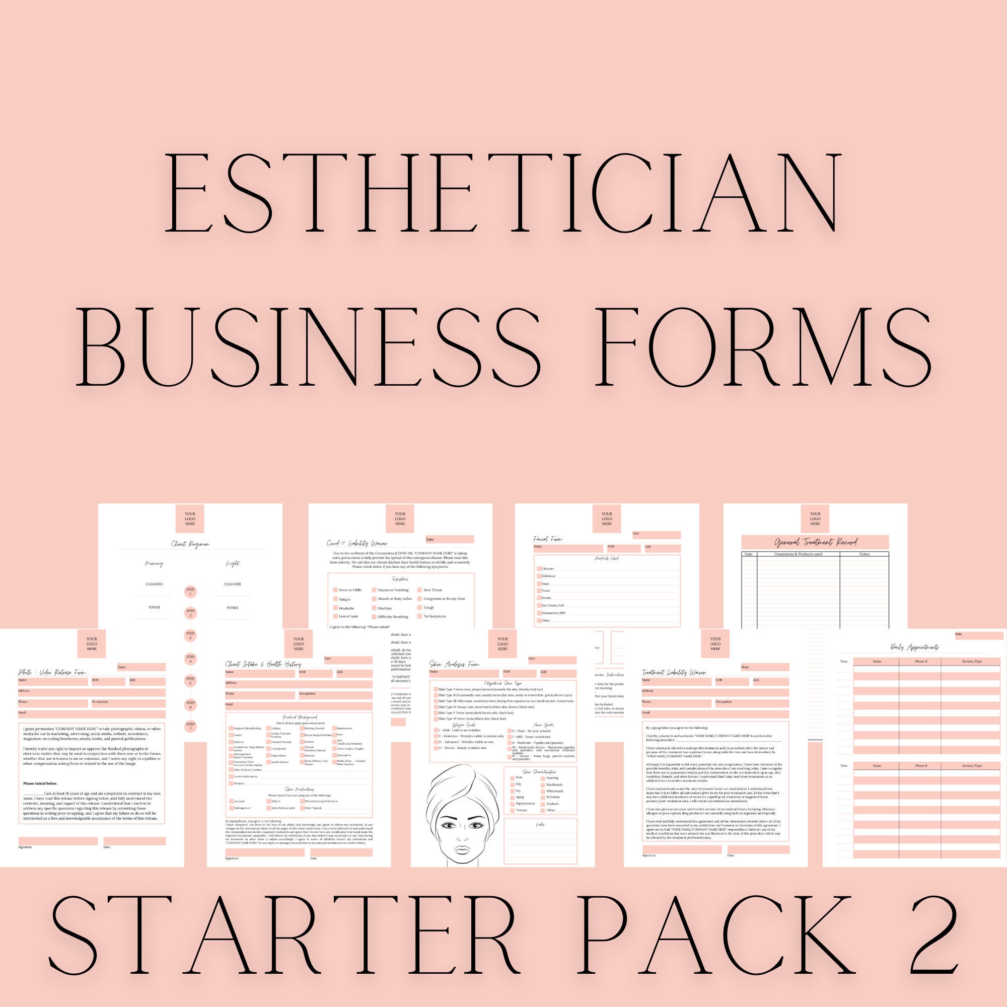Editable Esthetician Business Form Starter Pack 4 Treatment Plan Facial Forms Skin Analysis Policies Sign-in Client Intake Feedback