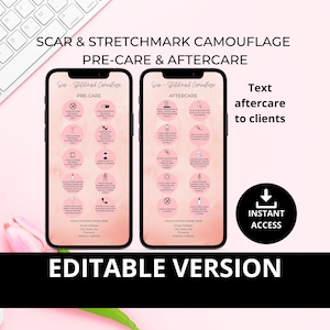 Editable Digital Scar and Stretchmark Camouflage Tattoo Precare Aftercare I PMU Image I Canva Template I Pink I PMUA024T