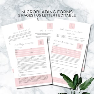 May include: A set of five pink and white printable forms for microblading services. The forms include a consent form, aftercare instructions, risk and complication notification, and a photo and video release form. The forms are editable and designed for use in the United States.