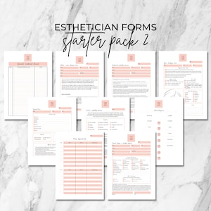 Puede incluir: Un conjunto de formularios imprimibles para esteticistas, que incluyen un formulario de admisión del cliente, una exención de consentimiento y responsabilidad, un registro diario de citas, un formulario de historial de notas y tratamientos y un formulario de análisis de la piel. Los formularios están diseñados en un estilo minimalista con un esquema de color rosa y blanco.