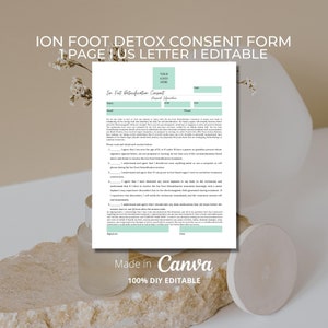 Ion Foot Detoxification Consent Form I DIY Editable 1 Page Canva Template I Foot Detox Waiver I Holistic Treatment Form I Teal White  FD002T