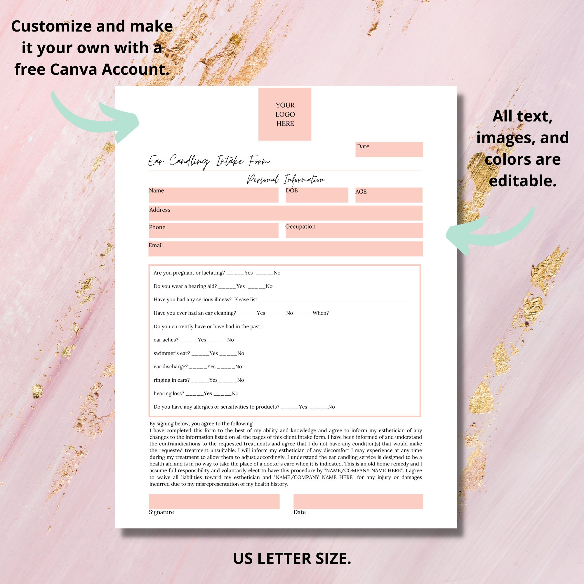 Editable Ear Candling Intake Form I Consent Waiver Template I Etsy