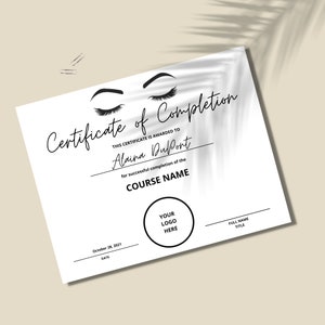 DIY Editable Certificate of Completion, Lash Extension and Brow Course Certificate Template ...