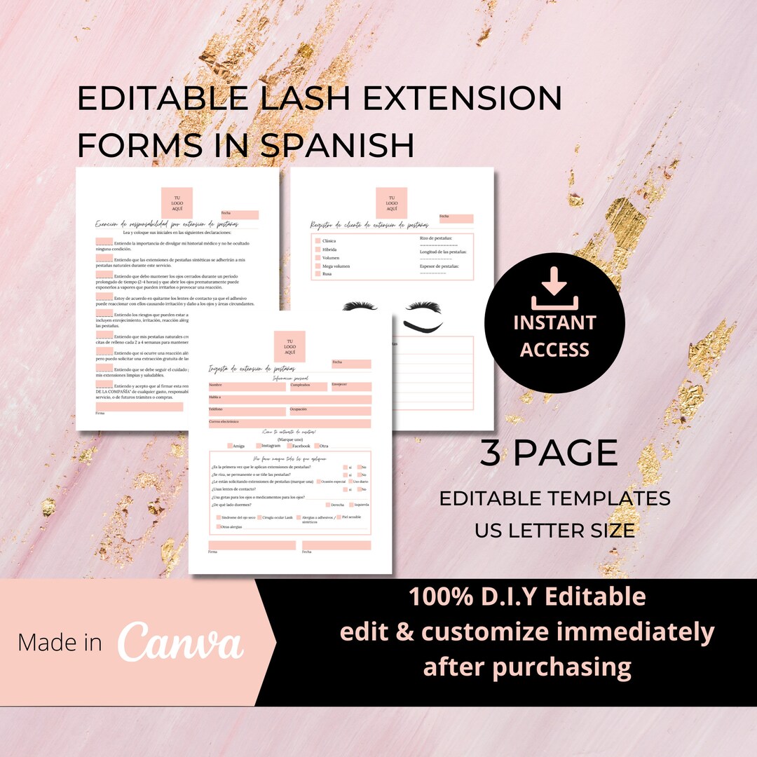 Spanish Editable Eyelash Extension Forms I Lash Intake Form I Lash Consent Form I Lash Client