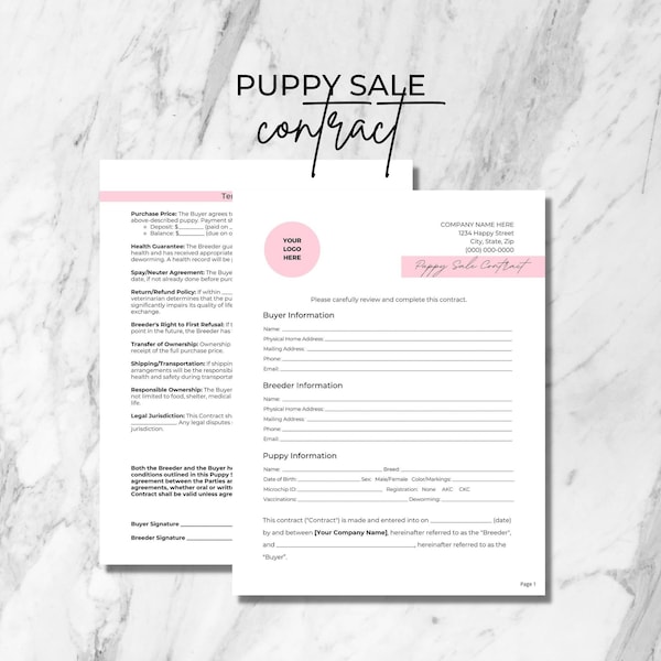 Puppy Sale Contract Agreement, 2 Page Editable Canva Template, Pink Accent, Breeder Contract, Dog Adoption, Puppy Purchase, Dog Breeding