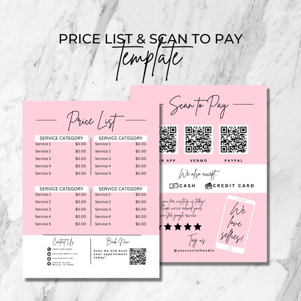 Modèle de menu de liste de prix d’esthéticienne modifiable, Scan to Pay, QR Code Flyer, Services de spa de jour esthétique, Prix des services roses, Salon, Beauté