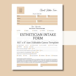 Puede incluir: Un formulario de admisión de esteticista imprimible con secciones para información personal, problemas de la piel, alergias e historial médico. El formulario mide 8,5 pulgadas por 11 pulgadas y está diseñado para ser utilizado en un salón de belleza o spa.