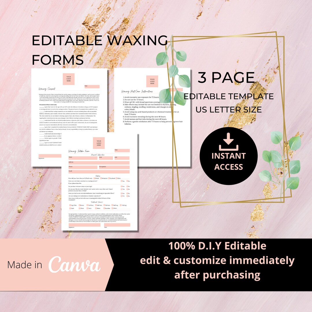 Editable Waxing Business Forms I Waxing Intake I Waxing Consent I