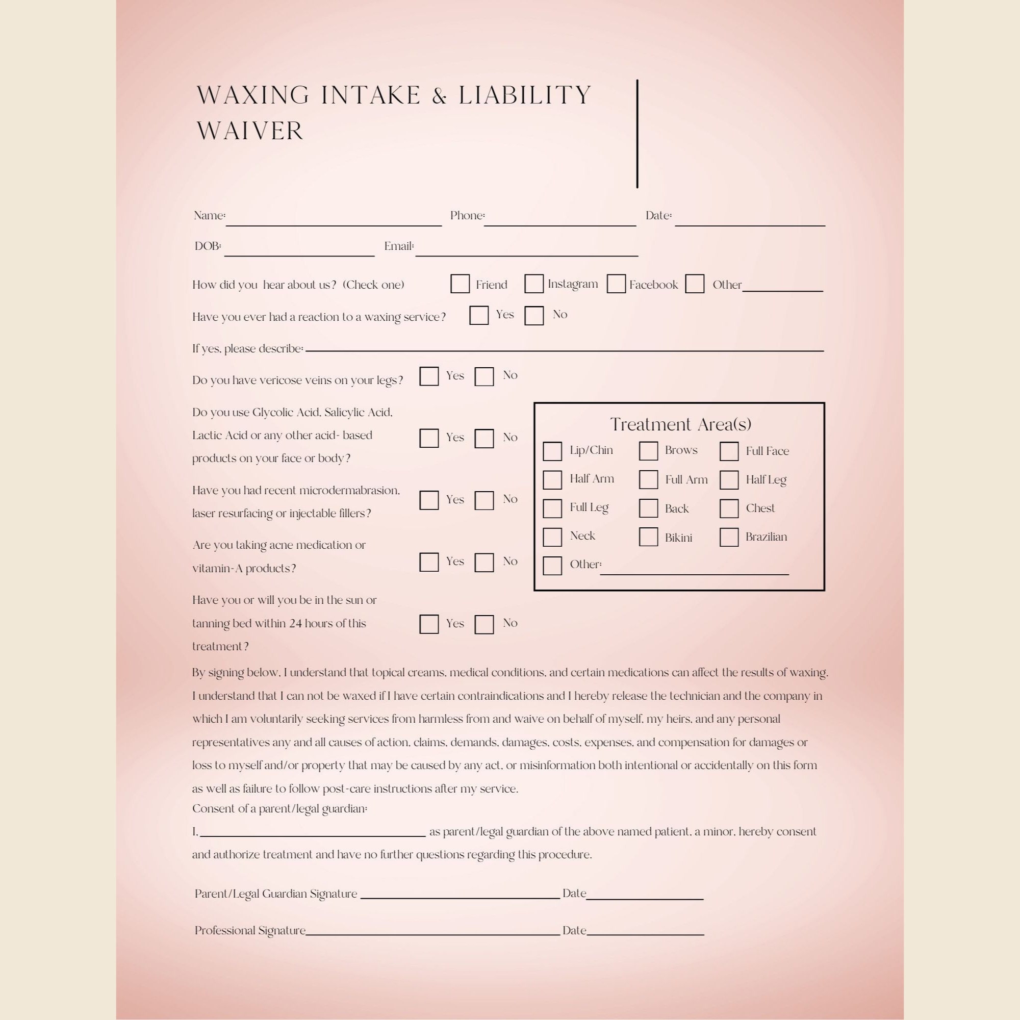 Esthetician Business Waxing Intake Form and Liability Waiver | Etsy