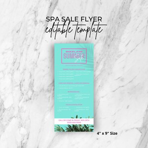 Flyer de vente d'été torride pour spa, modèle modifiable d'esthéticienne, menu de liste de prix, rose menthe, bohème féminin, infographie de spa médical