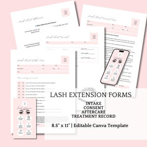 Formulaire de consentement de la cliente pour la pose d'extensions de cils, formulaire d'admission, renonciation à la pose d'une extension de cils, dossier de cliente pour la pose de cils, carte de suivi, modèle Canva modifiable