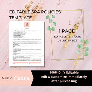 Spa Policies Form I DIY Editable Printable Canva Template I Late Tardy, Cancellation, Privacy Policy, Esthetician I Hair Nail Salon I Spa