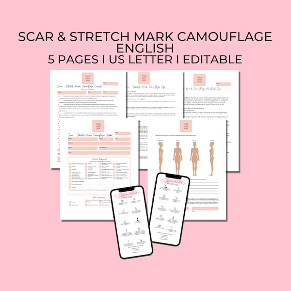 Editable Scar & Stretch Mark Camouflage Forms in English with Textable Aftercare, PMU Intake, Consent, Precare, Aftercare, and FAQs, PMUA044