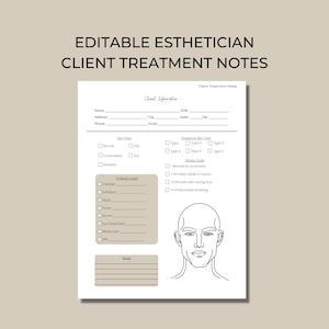 Formulaire de notes de traitement du client, modèle de toile modifiable à faire soi-même, entreprise d'esthéticienne, échelle Fitzpatrick, post-soin du visage, échelle de Glogau, CTN006T