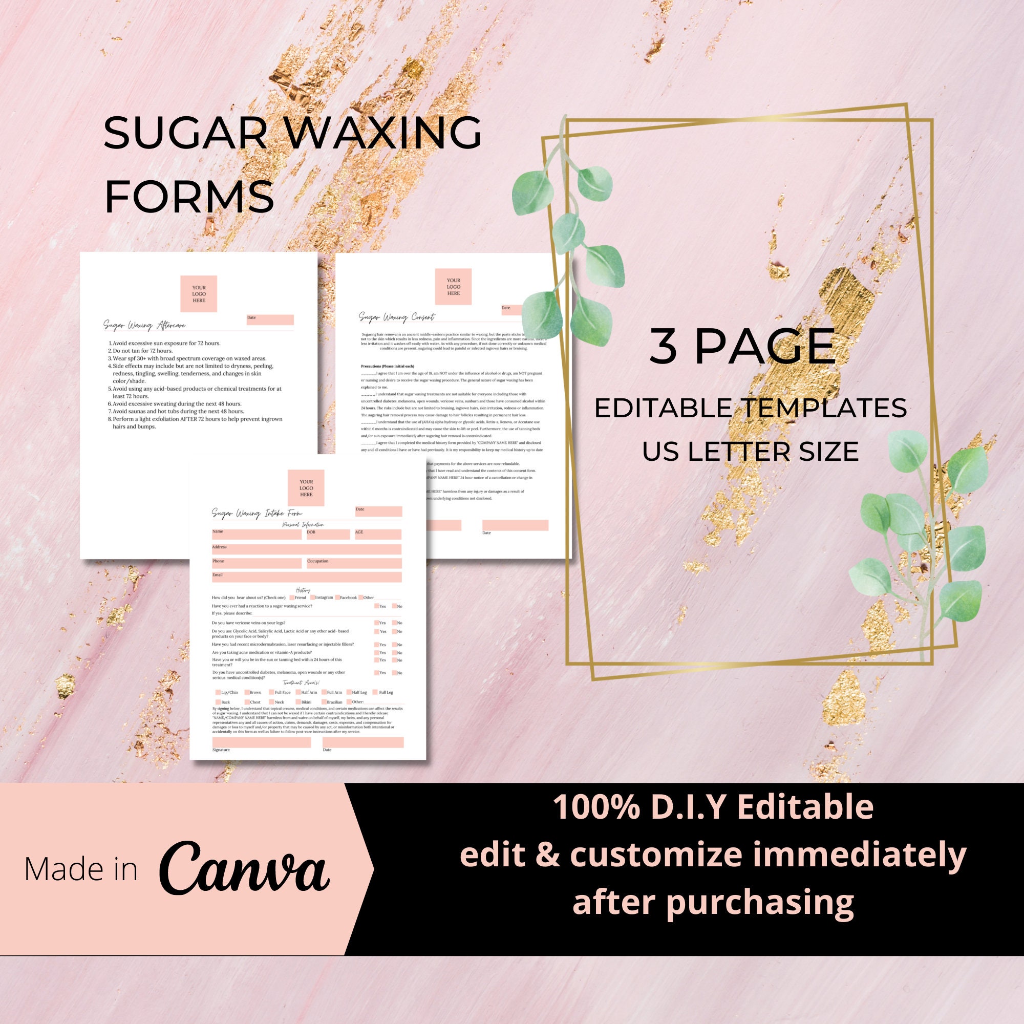 Sugaring Intake Forms Clients to Sign Before waxing: Intake  Consent  and Aftercare (75 Pack 25 of Each Form) 8.5 x 11” After Your Wax Appointment - 5