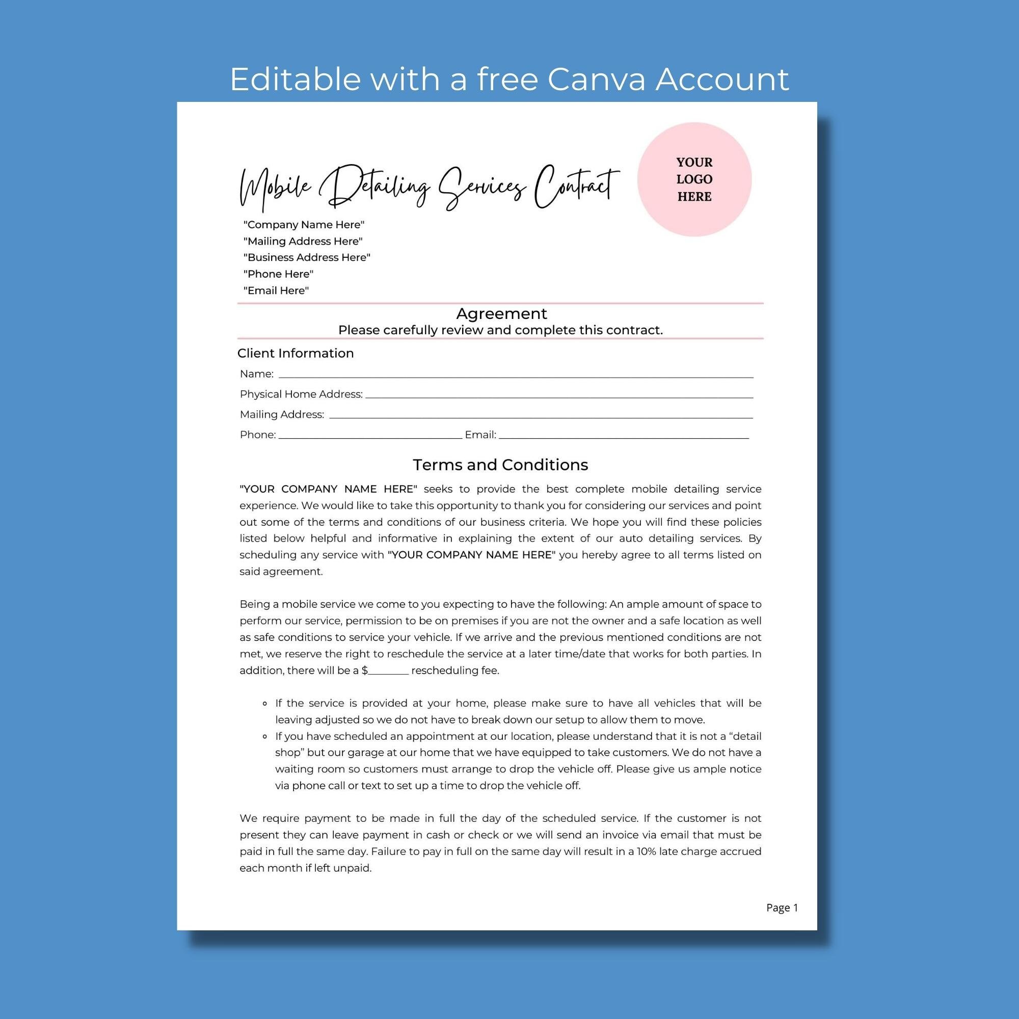 Mobile Detailing Services Contract Agreement DIY Editable Etsy