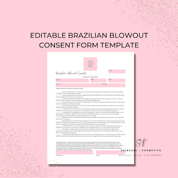 Brazilian Blowout Consent Form, Cosmetologist, Consultation form for Hair Treatment, Hair Stylist, Hair Smoothing and Straightening, COS005