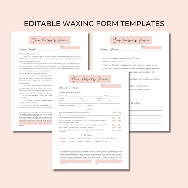 Waxing Consultation Form, Waxing Consent Form, Waxing Aftercare Form, DIY Editable, Template, Hair Removal, Beige White, Esthetician, 030T