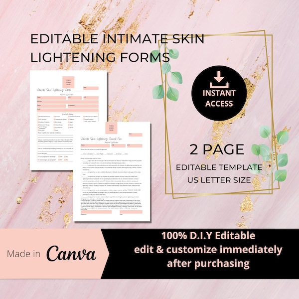 Editable Intimate Skin Lightening Intake and Consent Form I DIY Editable Printable 2 Page Canva Template I Intimate Skin Bleaching I ISB001T