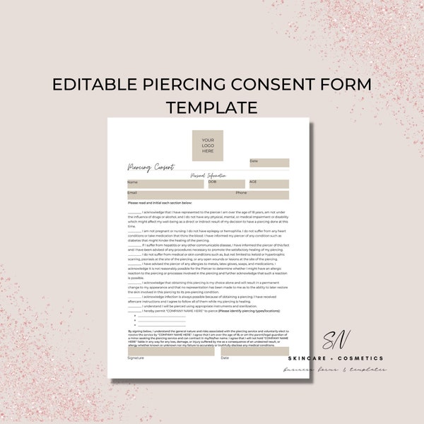 Body Piercing Consent Form, DIY Editable, Canva Template, 1 Page Printable, Body Modification, Ear Piercing, Nose Piercing, Piercing Studio