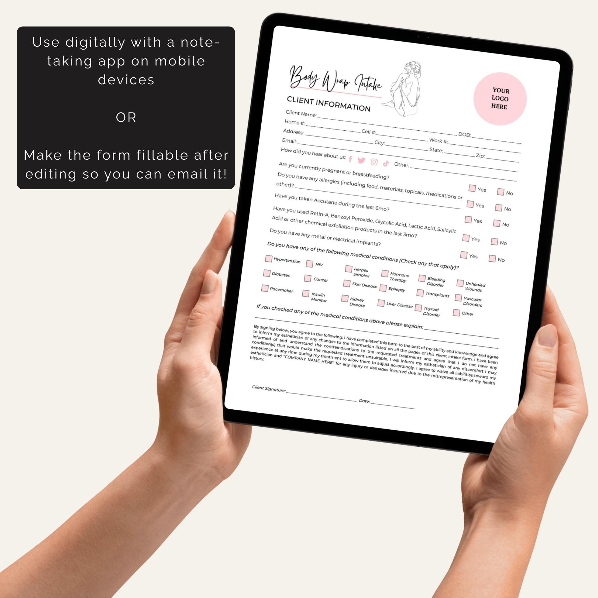 Editable Esthetician Body Wrap Intake and Consent Form, Spa Salon Forms ...
