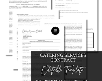 May include: A stack of white catering contract templates with black text. The text includes "Catering Services Contract" and "Editable Template". The template is 8.5" x 11" and includes areas for client information and agreement details.