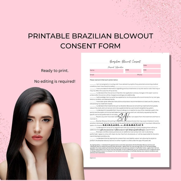 Printable Brazilian Blowout Consent Form, Cosmetologist, Consultation form for Hair Treatment, Hair Stylist, Salon Form, Salon Consent Form