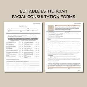Esthetician Facial Consultation Forms Facial Consent Form Facial Client Intake Form Esthetician Treatment Form Spa Treatment Consult Form