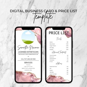 Design de cartão de visita digital e lista de preços | Modelo editável | Feito para esteticistas, cosmetologistas, spas e salões de beleza | Ágata rosa blush