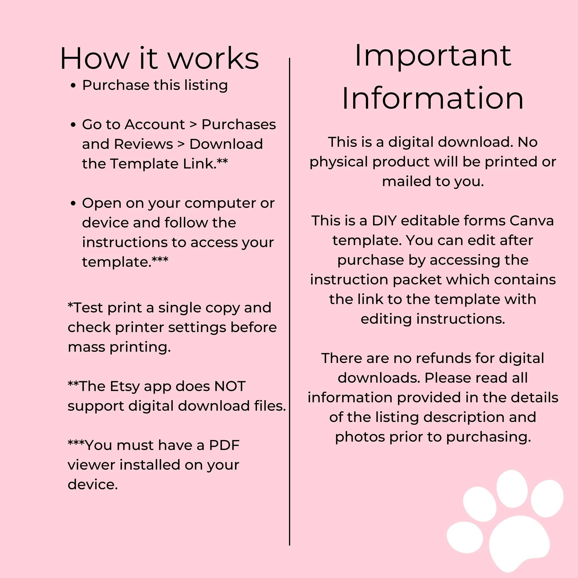 Pet Boarding Intake Form and Contract Agreement DIY Editable Etsy
