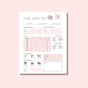 May include: A cookie order form with a pink header and accents. The form includes sections for order and customer information, details, flavor and topping options, payment, and delivery methods. The form has a cookie graphic.