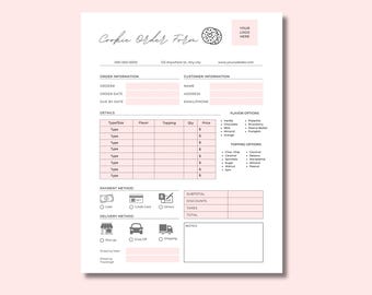 Op de afbeelding: Een cookie bestelformulier met een roze kop en accenten. Het formulier bevat secties voor bestel- en klantinformatie, details, smaak- en toppingopties, betaling en leveringsmethoden. Het formulier heeft een cookie-afbeelding.