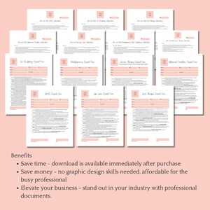 May include: A set of printable consent forms for various types of therapy, including couples therapy, hypnotherapy, and more. The forms are designed to be professional and easy to use. Save time and money with these pre-made forms.