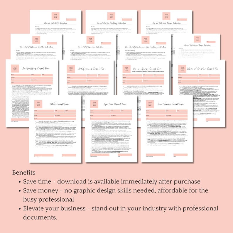 May include: A set of printable consent forms for various types of therapy, including couples therapy, hypnotherapy, and more. The forms are designed to be professional and easy to use. Save time and money with these pre-made forms.