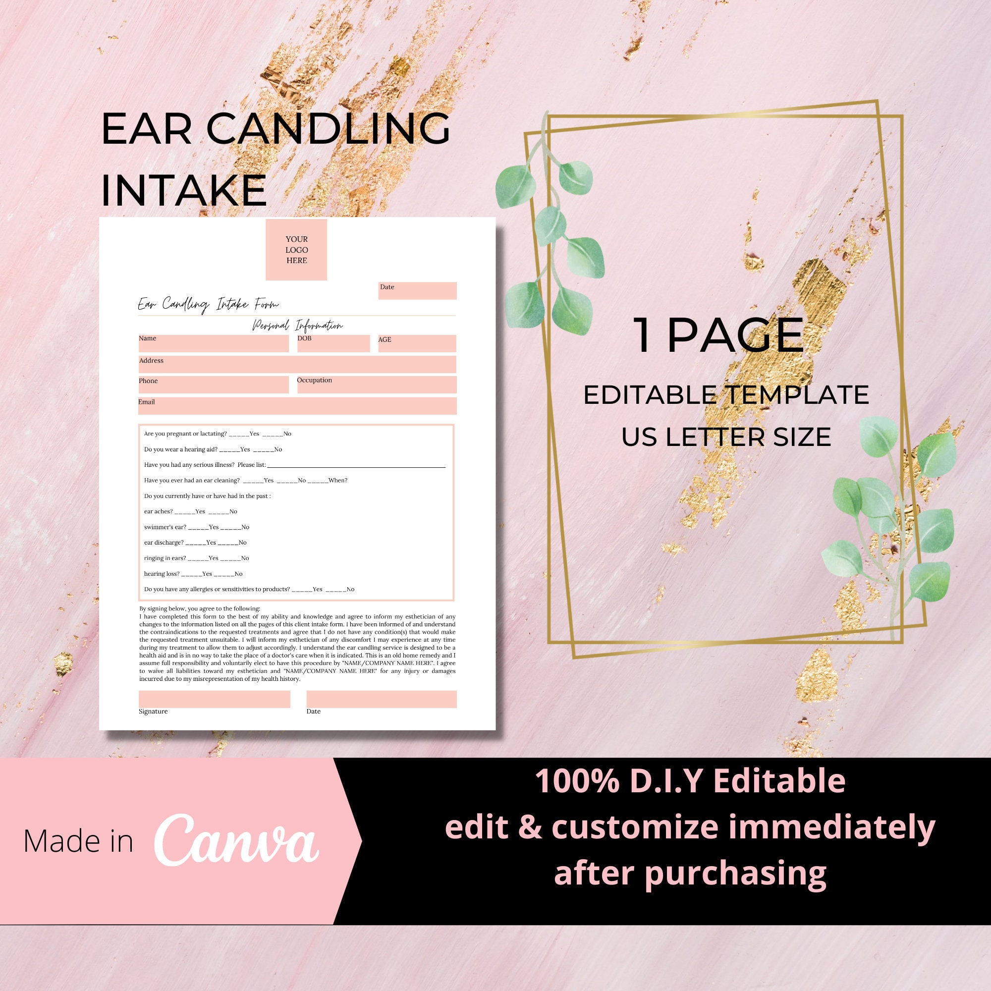 Editable Ear Candling Intake Form I Consent Waiver Template I Etsy