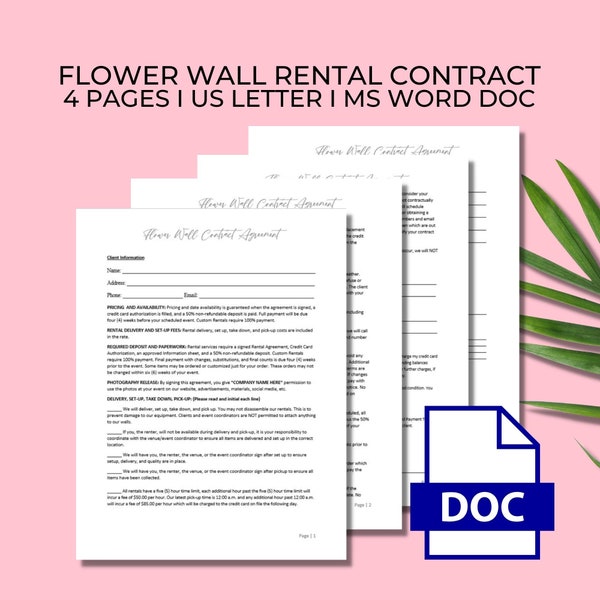 Editable Flower Wall Rental Contract Agreement, 4 Page WORD document, Pink Accent, Silk & Paper Flower Wall Services, Printable CON003T