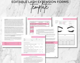 Op de afbeelding: Bewerkbare wimpersverlengingsformulieren sjabloon met roze accenten. De formulieren omvatten een cliëntintakeformulier, een toestemmingsformulier en een wimpersverlengingskaartrecord. De formulieren zijn ontworpen voor wimperspecialisten om te gebruiken met hun klanten.