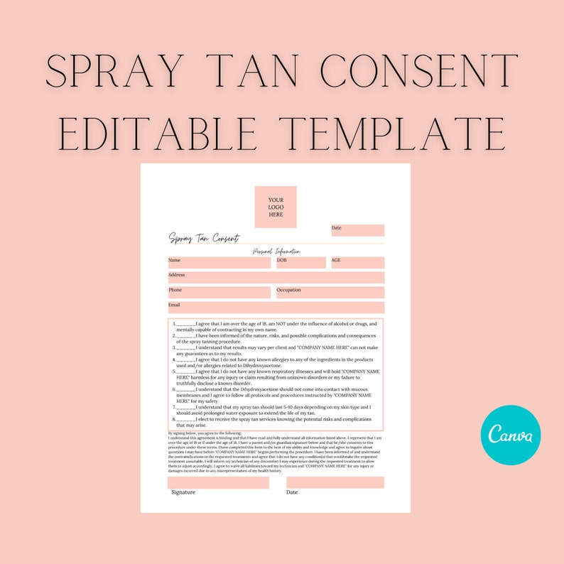 Editable Spray Tan Consent Form Template, Esthetician Business Forms and Med Spa Form Pack Printables and Editables, Customizable Tan Forms image 1