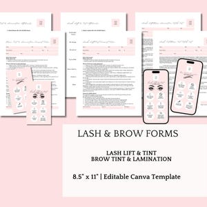 Toestemmingsformulier wimperlifting en verven, toestemmingsformulier wenkbrauwen verven en lamineren, wimper- en wenkbrauwtest, kaarten nazorg, bewerkbare canva-sjabloon