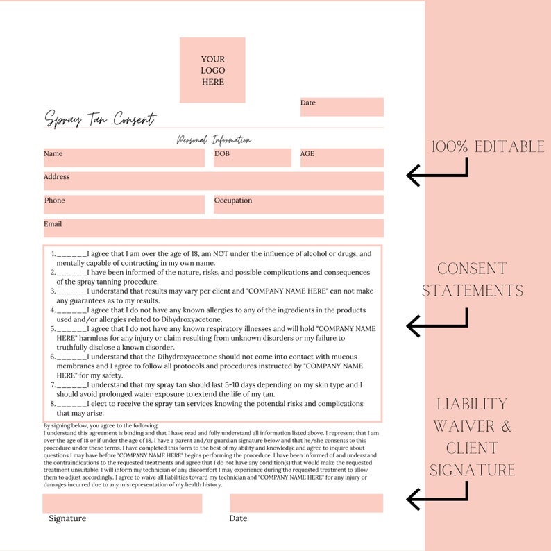 Editable Spray Tan Consent Form Template, Esthetician Business Forms and Med Spa Form Pack Printables and Editables, Customizable Tan Forms image 4