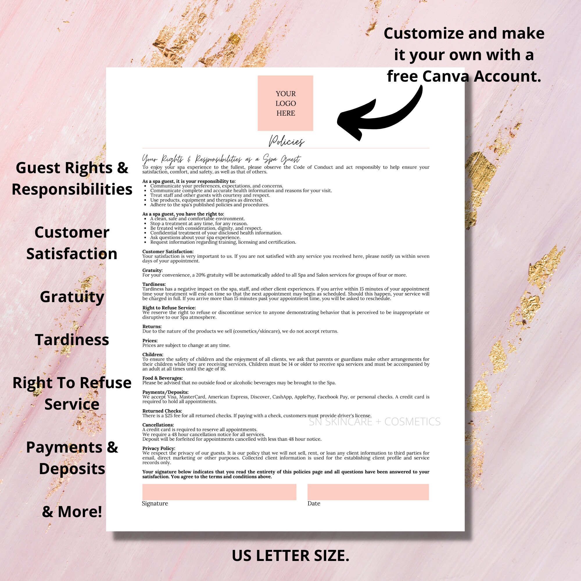 Spa Policies Form I DIY Editable Printable Canva Template I Etsy